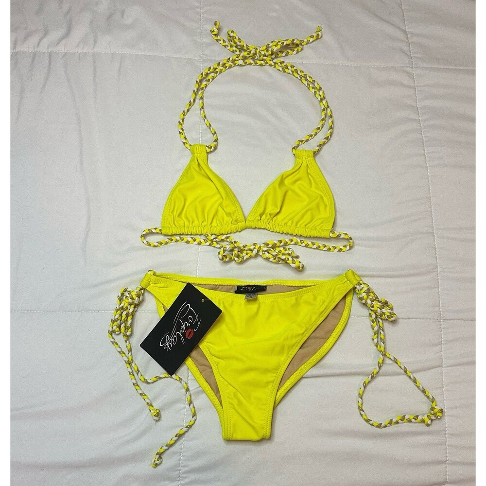 NWT FORPLAY Womens M Neon Yellow Bikini 2pc Set Swimsuit Deadstock Y2K 00s 90s